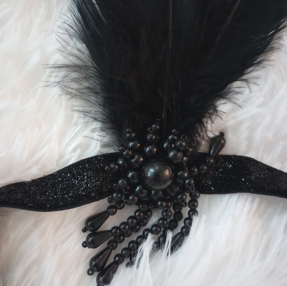 Black Feather Headband And Long Black Gloves Set